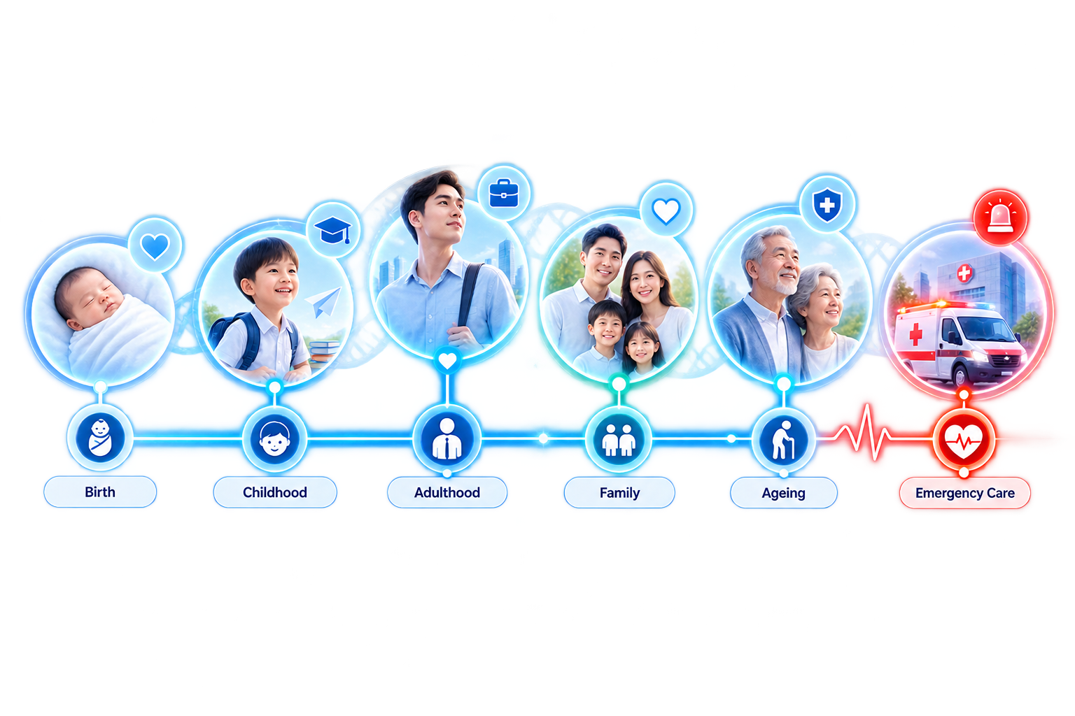 Birth, Childhood, Adulthood, Family, Ageing, Emergency Care health journey